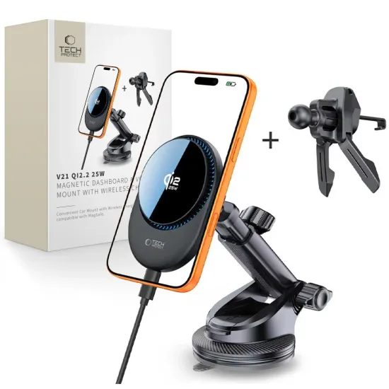 Tech-Protect V21 magnetický MagSafe držák s bezdrátovým nabíjením, 25 W Qi2.2, černý