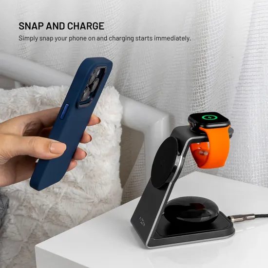 3 az 1-ben vezeték nélküli töltőállvány FIXED MagPowerstation Alu MagSafe támogatással, 15W+3.5W+2.5W, űrszürke