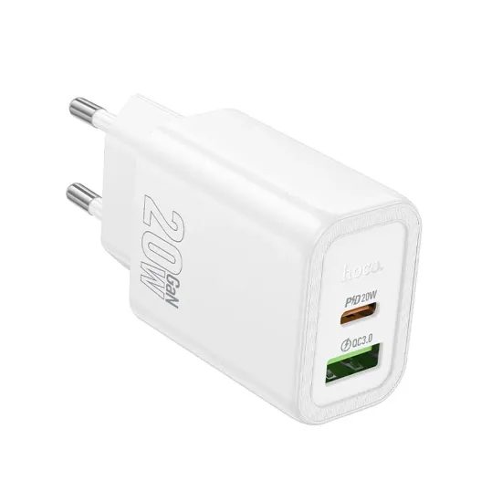 Hoco Δικτυακός Φορτιστής N61 USB + USB-C, PD QC3.0 3A 20W, λευκός