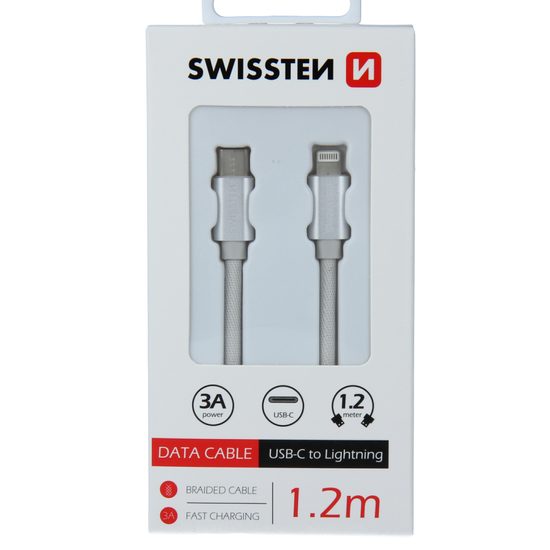 Dátový kábel Swissten textilný, USB-C / Lightning, 1,2 m, strieborný