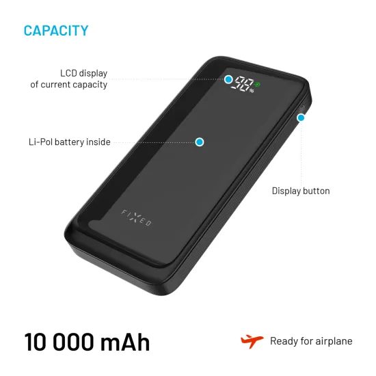 FIXED Zen2 10 powerbank LCD kijelzővel, 10 000 mAh, PD 20W, fekete
