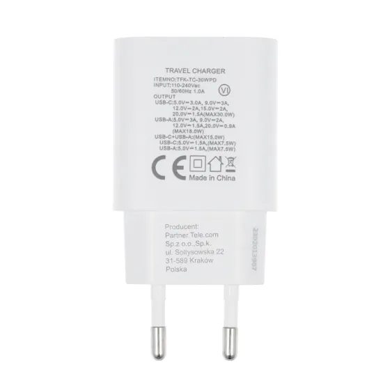 Adaptor Forcell cu conector USB-C și USB A, 3A, 30W cu funcție de încărcare PD și QC 4.0