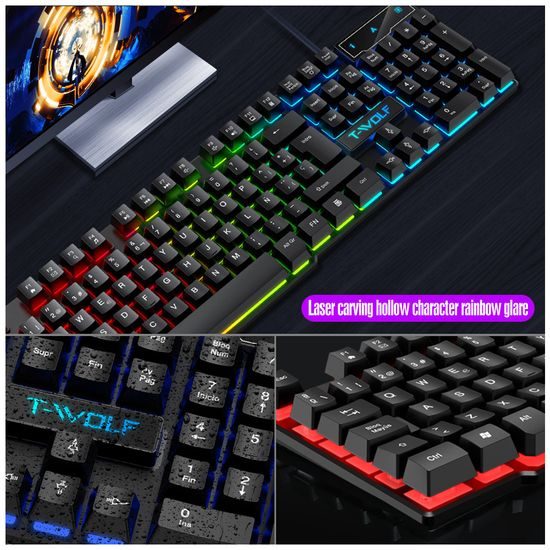 Klawiatura gamingowa T-WOLF T20, podświetlenie RGB, pełnowymiarowa, USB (układ EN)