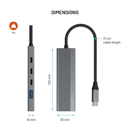 Alumínium USB-C elosztó FIXED HUB Core, 5 port, notebookokhoz és tabletekhez, 100W, PD 3.0, űrszürke