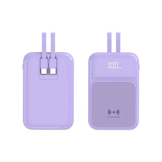 Power Bank Wireless con 2 cavi integrati, 10000mAh, USB-C + Lightning, 15W, viola