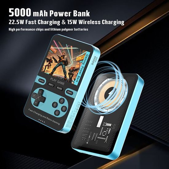 2σε1 Ρετρό κονσόλα παιχνιδιών με MagSafe powerbank, 5000 mAh, 15W ασύρματη φόρτιση, μπλε