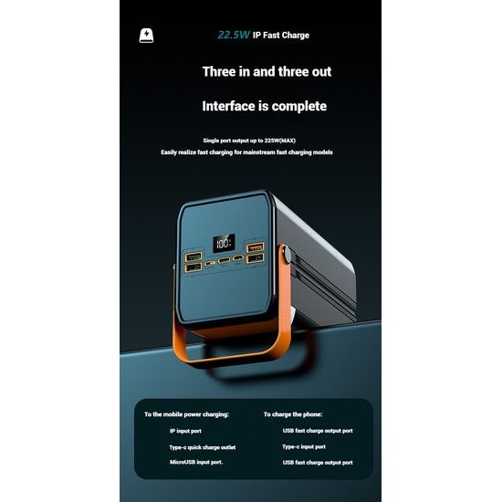 Powerbank 120.000 mAh, 22.5W PD, 4 USB + 2 καλώδια, LED φώτα, μαύρο