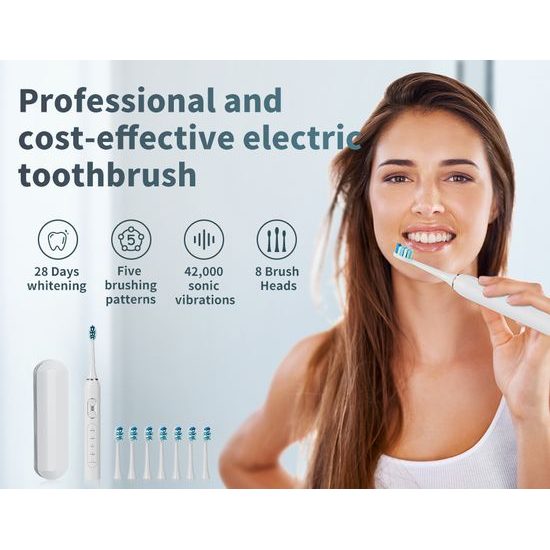 Ηλεκτρική οδοντόβουρτσα Sonic με σετ 8 κεφαλών, 42.000 δονήσεις/λεπτό, 5 λειτουργίες, λευκή