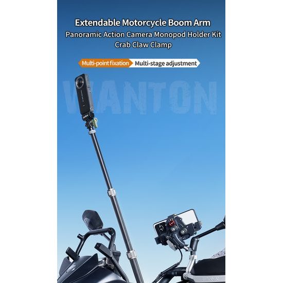 LanParte PMH-C3 supporto telescopico per fotocamere 360° e action cam per moto, 1,5 m, fissaggio a 3 punti, sistema a sgancio rapido