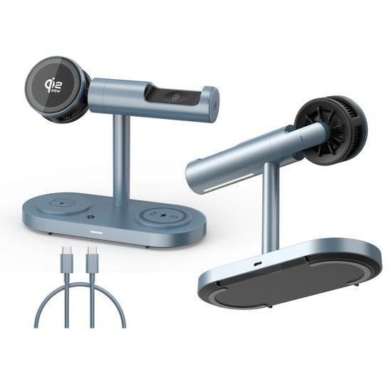 Qi2.2 MagSafe Nabíjecí stanice 5v1 s aktivním chlazením, 25 W a 360° rotací pro iPhone, Apple Watch, AirPods, Android, modrá