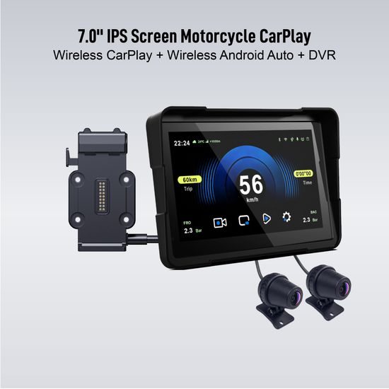 7" Motociklistički zaslon s bežičnim CarPlay i Android Auto, dualnom Full HD kamerom i brzootpusnim nosačem