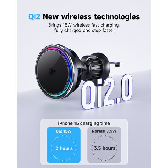 Kühlender MagSafe Qi2 Halter mit kabellosem Laden für Autolüftung, mit RGB wählbarer Beleuchtung, 15W, rund, schwarz