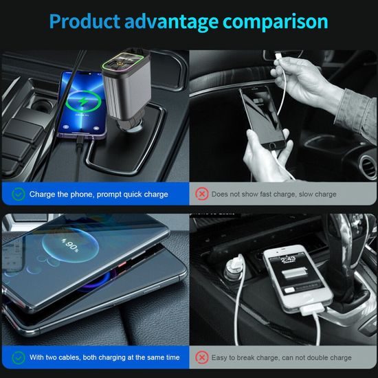 Nabíjačka do auta 4v1 s 2 výsuvnými káblami USB-C + Lightning, PD, QC 3.0, s LED červeným svetlom nočnej oblohy, šedá