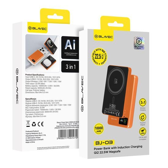Blavec BJ-03 Slim 3u1 MagSafe powerbank USB-C, 10000mAh, 22,5W, narančasta