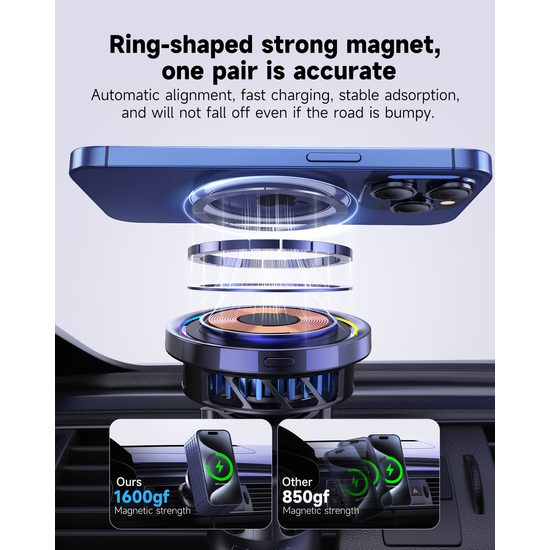 Ψύκτρα MagSafe Qi2 ασύρματης φόρτισης για αεραγωγούς αυτοκινήτου, με προαιρετικό RGB φωτισμό, 15W, κυκλική, λευκή