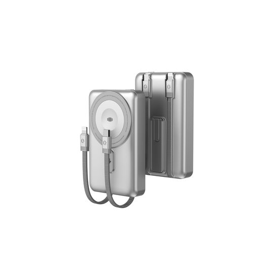 MagSafe power bank με φόρτιση Apple Watch, με βάση στήριξης και ενσωματωμένα καλώδια USB-C και Lightning, 10000 mAh, ασημί