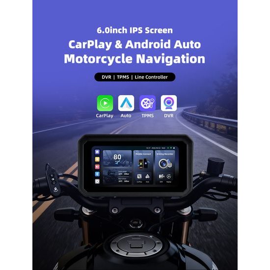 Wyświetlacz motocyklowy 6,25" z bezprzewodowym Apple CarPlay, Android Auto, kamerami DVR i TPMS