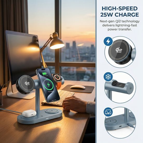 Qi2.2 MagSafe Nabíjecí stanice 5v1 s aktivním chlazením, 25 W a 360° rotací pro iPhone, Apple Watch, AirPods, Android, modrá
