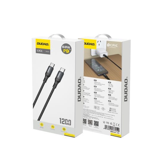 Dudao L3CC kabel USB-C - USB-C, 60W, 1,2m, črn