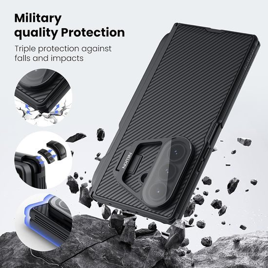 Samsung Galaxy Z Fold 7 aizsargvāciņš – Nillkin CamShield Prop ar izvelkamu kameras aizsargu un S Pen atbalstu – melns