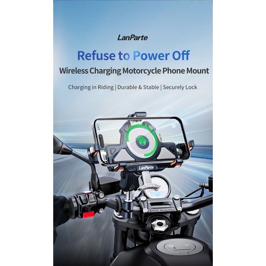 LanParte UBA-MC Motorrad Handyhalterung mit 15W kabellosem Laden - Smartphone Halterung mit Vibrationsdämpfung