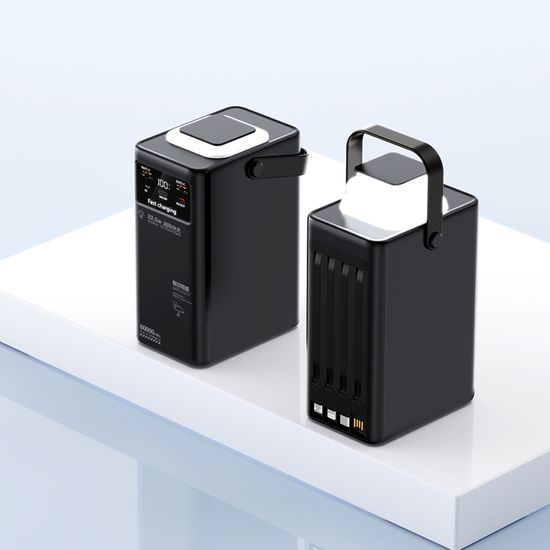 Powerbank 80 000mAh с 4 вградени кабела, 2x USB-A, 1x USB-C, PD, QC 3.0, LED къмпинг светлина, черен
