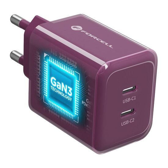 Forcell F-Energy GaN III Ladegerät - 2x USB-C 60W Netzteil mit USB-C Kabel - Weinrot