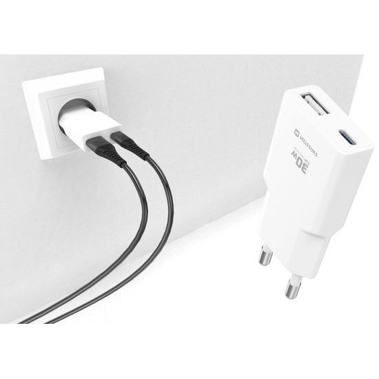 Swissten GaN Netzadapter USB-C + USB-A 30W - Schnellladegerät mit Power Delivery - Weiß