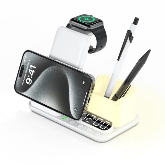 DeskCharge Station Pro Πολυλειτουργικός σταθμός ασύρματης φόρτισης 5 σε 1 με ρολόι και οργανωτή, λευκό