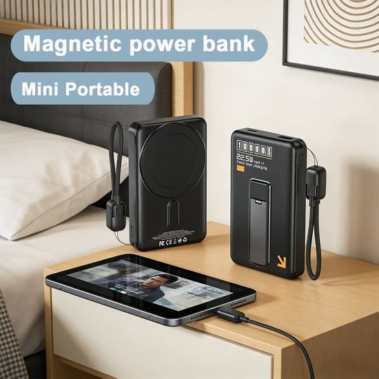 Ultra tenká MagSafe powerbanka so stojančekom a odnímateľným káblom 20W, 5000 mAh, oranžová