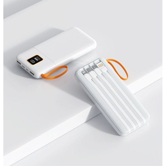 Powerbank 20000mAh με 4 ενσωματωμένα καλώδια, 2x USB-A, 1x USB-C, PD 22,5W, QC 3.0, LED οθόνη, λευκό