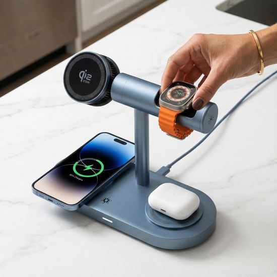 Qi2.2 MagSafe Nabíjecí stanice 5v1 s aktivním chlazením, 25 W a 360° rotací pro iPhone, Apple Watch, AirPods, Android, modrá