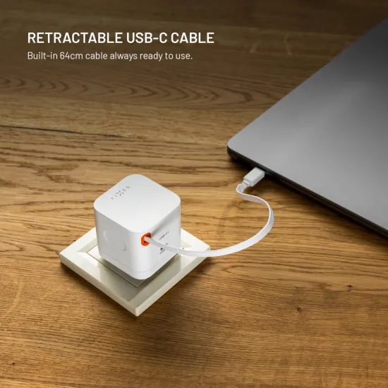 FIXED GaN hálózati töltő, 2x USB-C, PD 3.0, 65W önbehúzódó kábellel, fehér