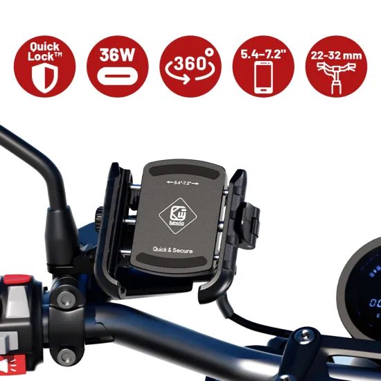 Kewig 360° Motociklistični držalo za telefon z polnjenjem 36 W, USB-C, črn