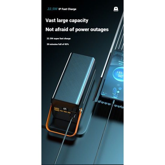 Powerbank 120.000 mAh, 22.5W PD, 4 USB + 2 καλώδια, LED φώτα, μαύρο