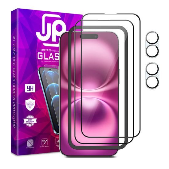 JP Full Pack gehärteter Gläser, 2x 3D Glas mit Applikator + 2x Linsenglasschutz, iPhone 16
