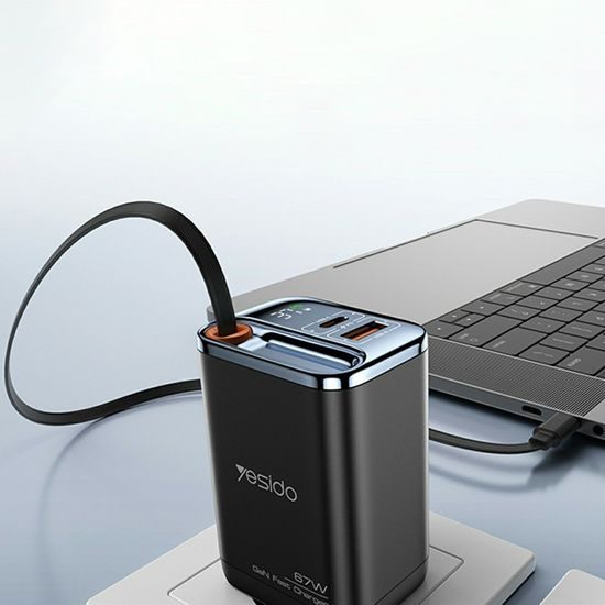 Yesido YC100 USB Ladegerät USB-C & USB-A mit GaN-Technologie 67W + USB-C Kabel 65cm - Schwarz