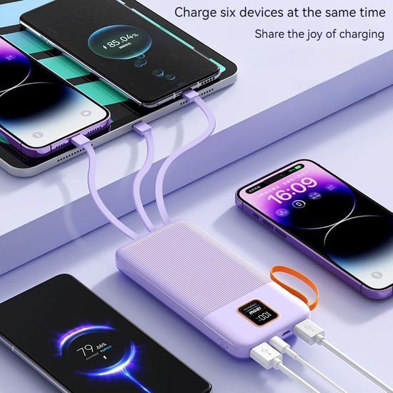 Powerbank 20000mAh 4 beépített kábellel, 2x USB-A, 1x USB-C, PD 22,5W, QC 3.0, LED kijelző, kék színű