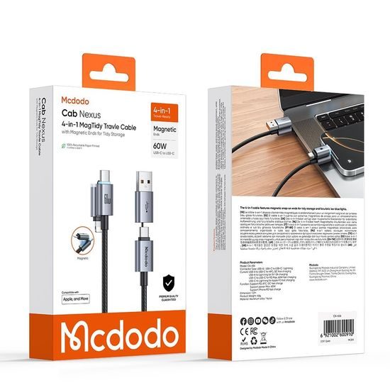 Mcdodo 4-in-1 Magnetisches Datenkabel Extreme Energy (CA-6560) - USB-C / USB-A auf USB-C / Lightning - 60 W - 1,2 m - Schwarz