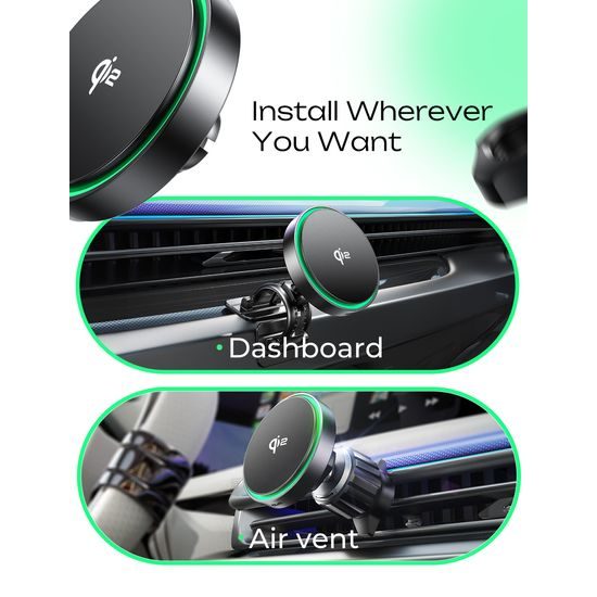 Βάση MagSafe Qi2 με ασύρματη φόρτιση για αεραγωγό αυτοκινήτου, με RGB φωτισμό, 15W, ABS, μαύρη