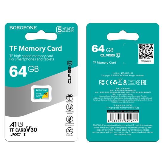 Borofone Class10 Paměťová karta MicroSD, 64GB, SDHC, 95MB/s