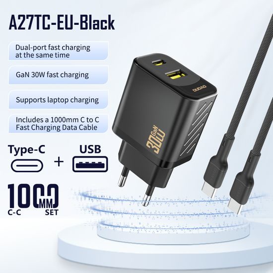 Dudao A27TCEU nabíječka USB-A + USB-C s USB-C kabelem, PD 30W GaN, černá