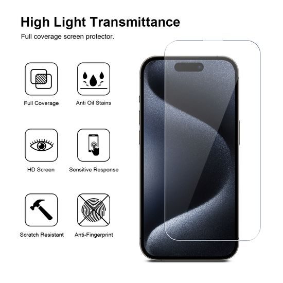 JP Long Pack Προστατευτικά Γυαλιά Οθόνης, 3 γυαλιά για τηλέφωνο με εφαρμογέα, iPhone 15 Pro MAX