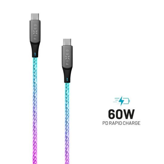 Világító töltőkábel FIXED USB-C - USB-C, PD 60W, 1,2m, szivárvány
