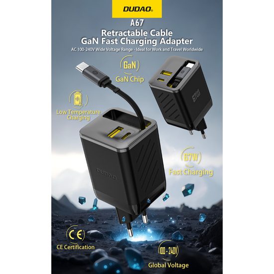 Dudao A67EU lādētājs ar iebūvētu izvelkamu USB-C kabeli GaN 67W PD – melns