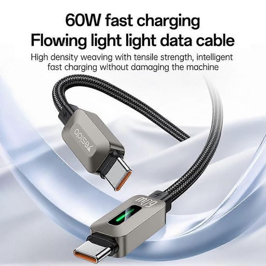 Yesido USB-C – USB-C laidas, 60 W, 3 A, 1,2 m – juoda