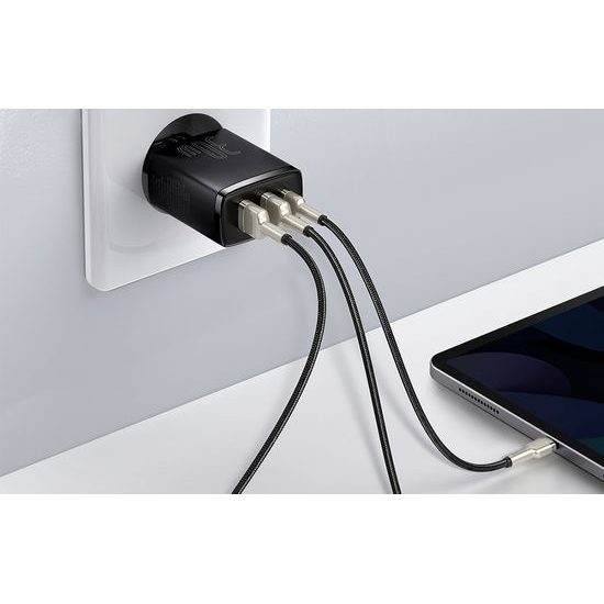 Baseus Încărcător rapid compact, 2x USB, USB-C, PD, 3A, 30W, negru