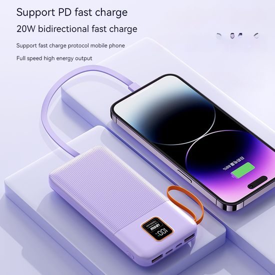 Powerbank 20000mAh με 4 ενσωματωμένα καλώδια, 2x USB-A, 1x USB-C, PD 22,5W, QC 3.0, LED οθόνη, λευκό