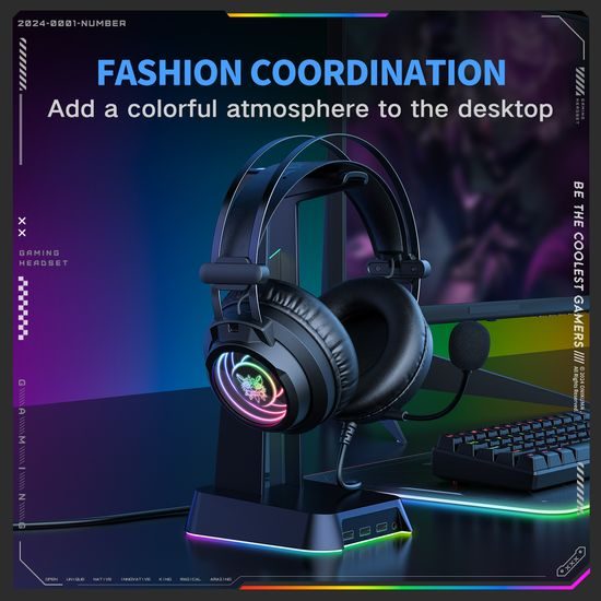 Onikuma X80 Gaming Headset mit Mikrofon - 7.1 Surround Sound - ANC - RGB Beleuchtung - Kabelgebunden - Schwarz