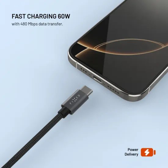 Fonott kábel FIXED Power Watch Cable USB-C - USB-C töltővel Apple / Samsung Watch-hoz, PD 60W, 1,5 m, szürke
